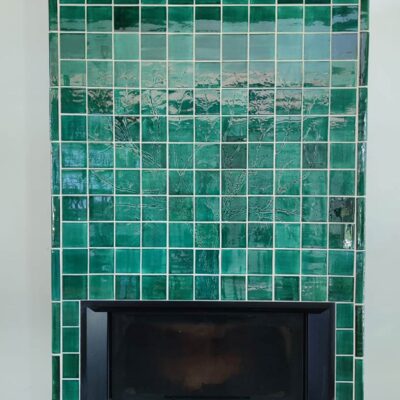 Ceramic Tiles around Fireplace - Handmade - Emerald Green Color - Square Shape
