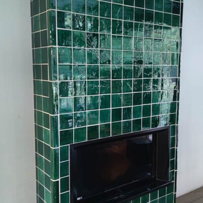 Ceramic Tiles around Fireplace - Handmade - Emerald Green Color - Square Shape