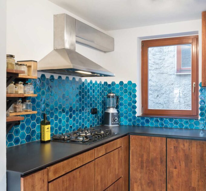 Ceramic Hexagon Tiles as Kitchen Backsplash in Azure Blue Color
