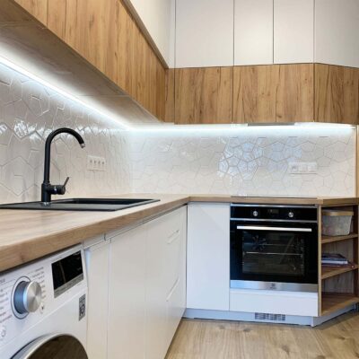 Modern Tiles as Kitchen Backsplash with Wooden Kitchen Cabinets