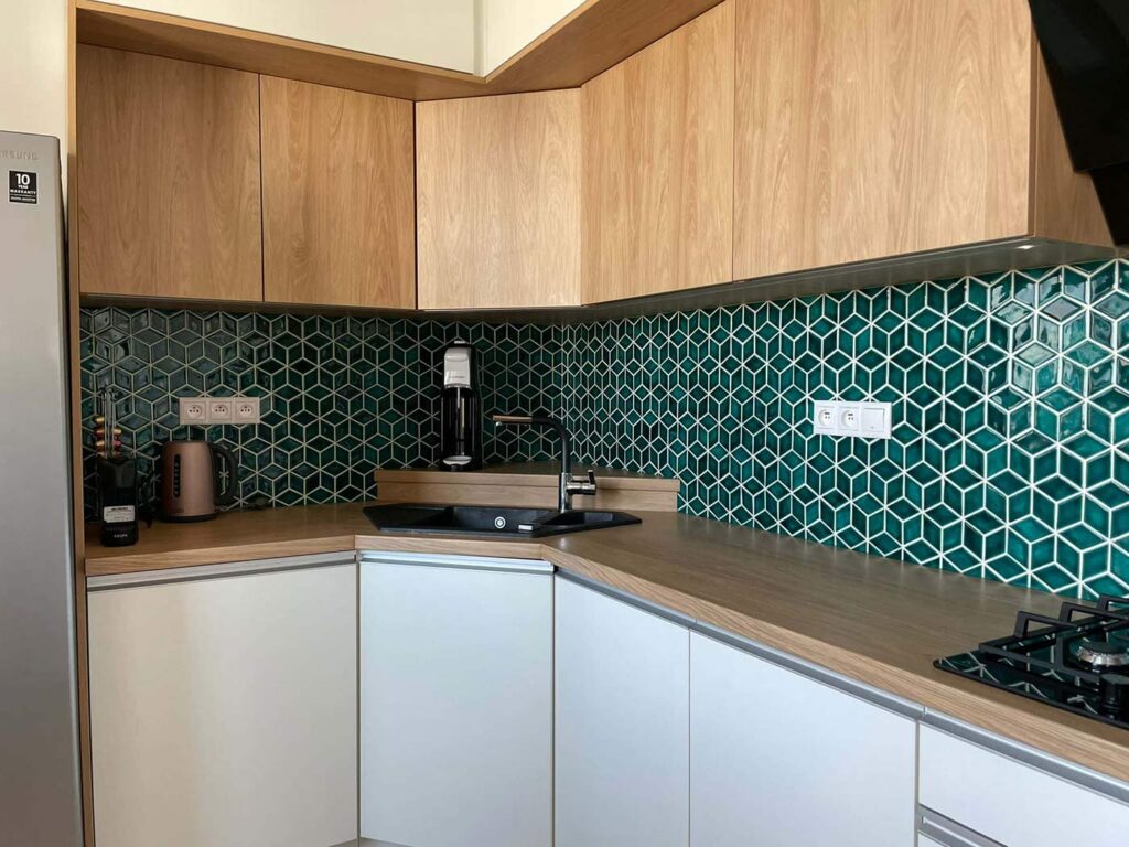 Ceramic Diamond Tiles in Kitchen with Wooden Cabinets