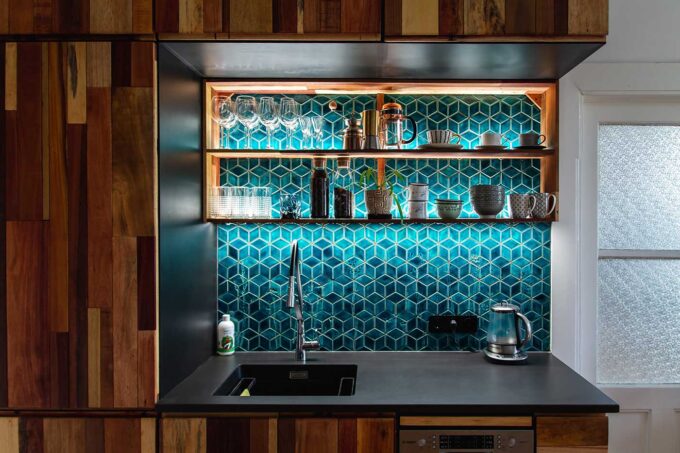 Handmade Mosaics in Kitchen with Wooden Cabinets