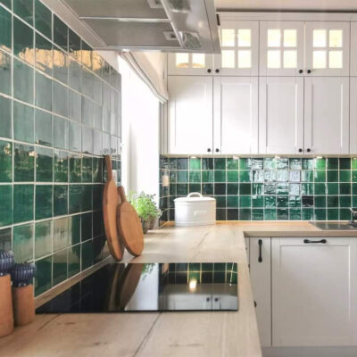 Handmade Ceramic Mosaic Tile Square - Kitchen Backsplash - Emerald Green Color