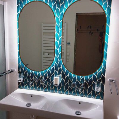 Ceramic tiles - petrol - long hexagons - bathroom - mirror
