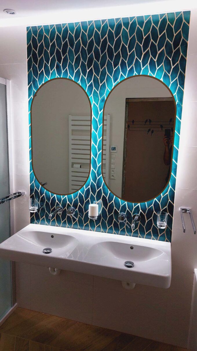Ceramic tiles - petrol - long hexagons - bathroom - mirror