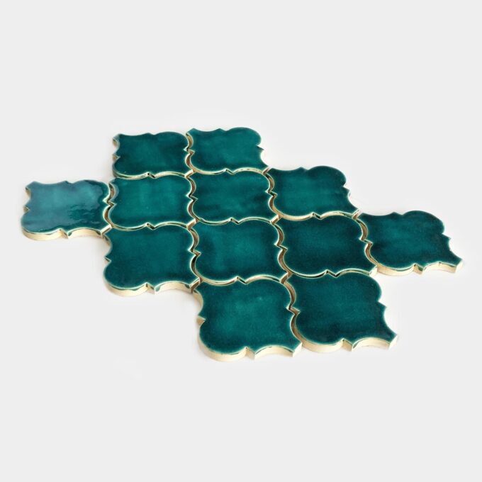 Handmade Ceramic Arabesques Tile - Mosaic in Blue Green Glossy Color