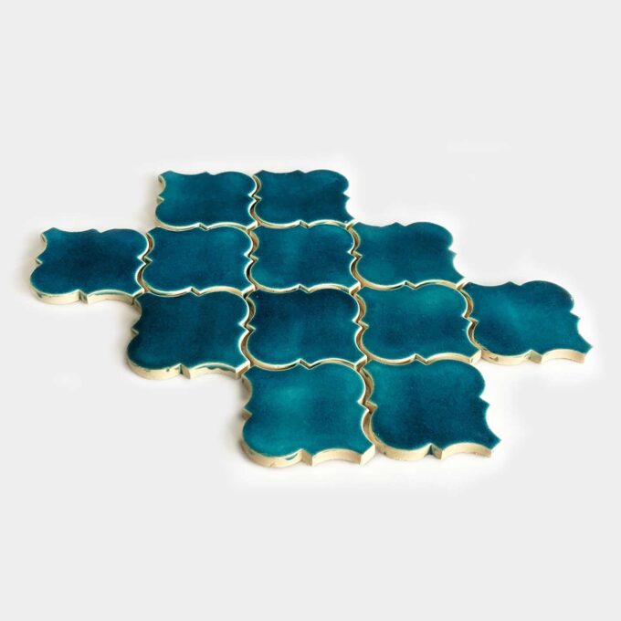 Handmade Ceramic Arabesques Tile - Mosaic in Petrol Blue Color