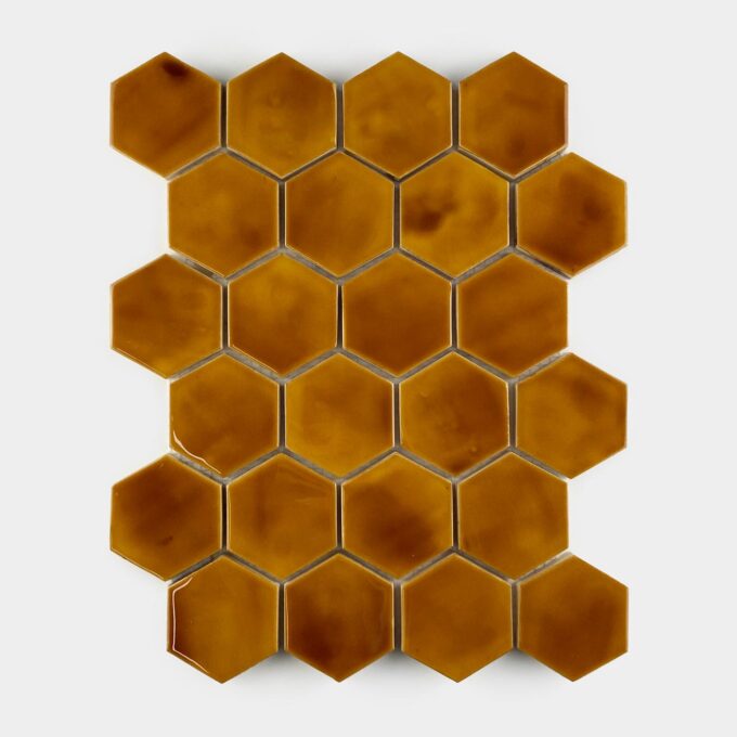 Handmade Ceramic Hexagon Tile - Mosaic in Caramel Brown Color