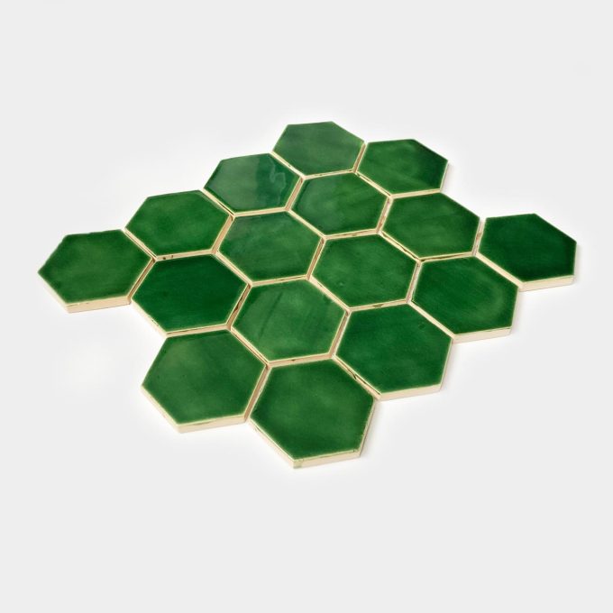 Handmade Ceramic Hexagon Tile - Mosaic in Leaf Green Color